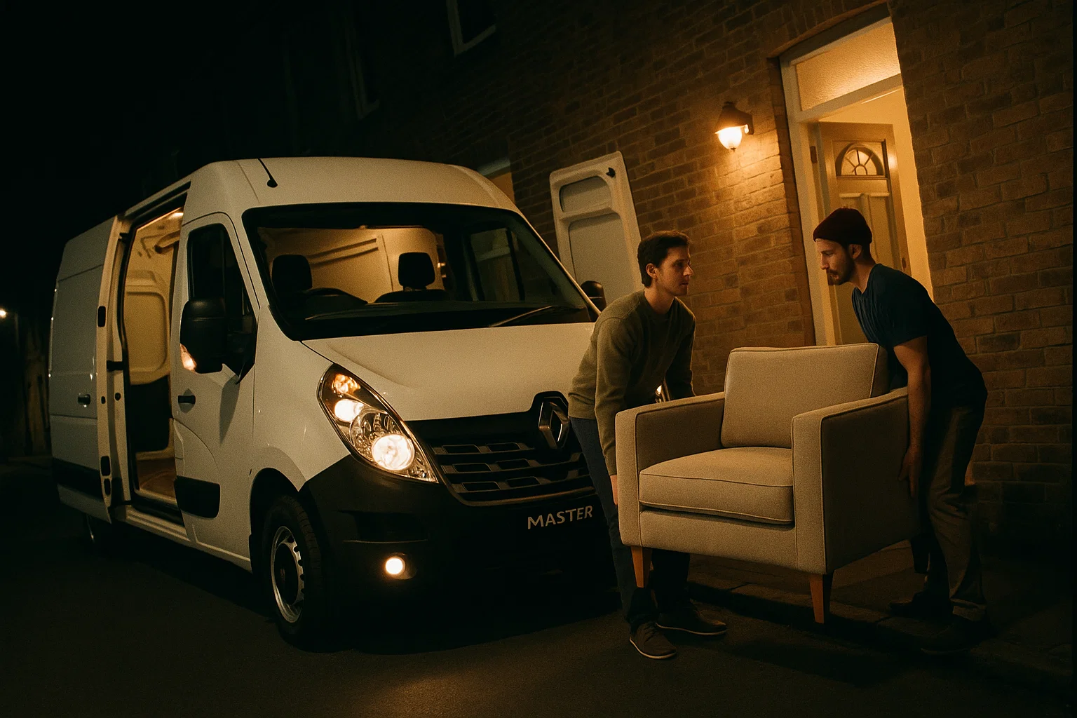 Two-man removal team Ackergillshore carefully lifting furniture into a van during a home move